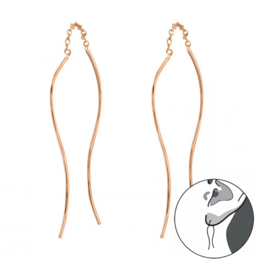 925 Sterling Silver Rose Gold Wavy Thread Through Earrings